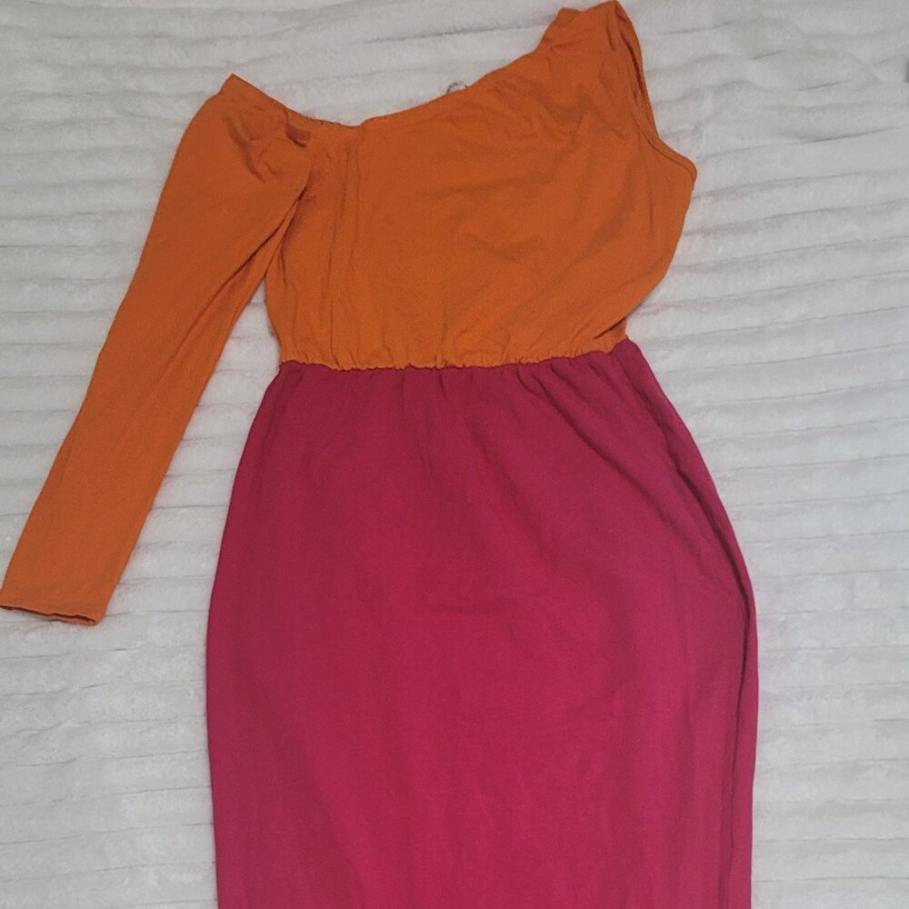 Colorblock Maxi Dress 2X – Orange Pink, One Shoulder, Bold Statement